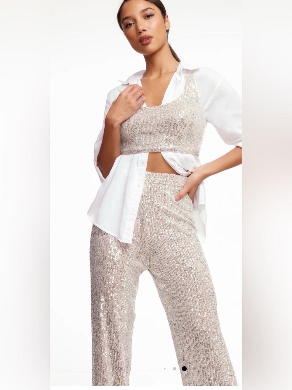 NWT Dress the Population Dina Sequin High Rise Wide Leg Stretchy Pants Silver L
